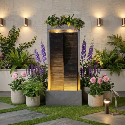 59H Modern Outdoor Water Fountain with LED Light Garden Cascading Waterfall Feature for Indoor or Outdoor Large Water Fountain for Relaxing Garden Patio Backyard Deck Porch or Home Décor (59.06H / Gray)