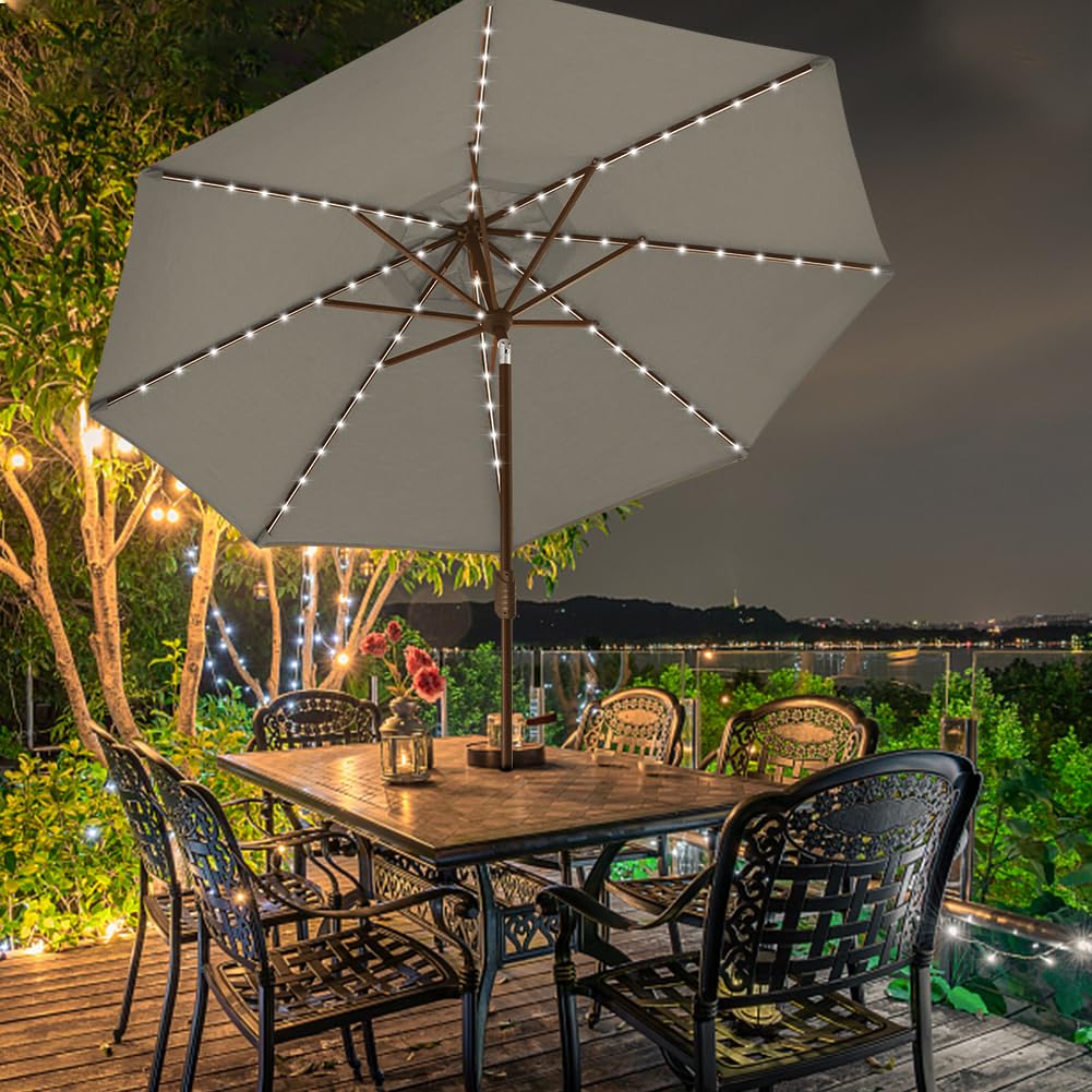 USA 10-Year-Non-Fading 9ft Market Patio Umbrella, Commercial Grade Table Sun Umbrella with 80 Solar LED Lights, Crank Open, Windproof & UPF 50+ UV Protection for Garden, Deck, Pool, Backyard, Taupe (Taupe / 9 FT(Single Vent Tilt))