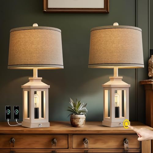 Farmhouse Table Lamps Set of 2 for Living Room 23.75" Bedroom Lamps White (Beige)