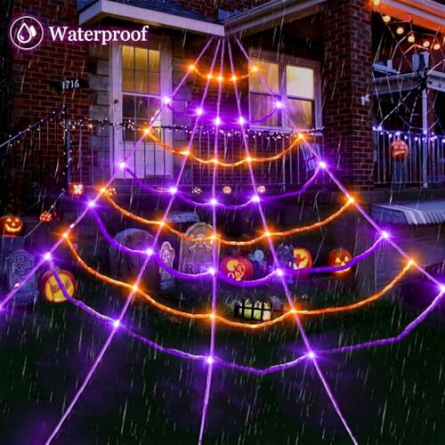 Motion Activated Lighting&Speaking] 20 * 17FT Halloween Spider Web 150 Led Purple&Orange Lights Light Up Lighted Triangular Giant Waterproof with 200sqft Cobweb for Outdoor Decor Yard Decoration