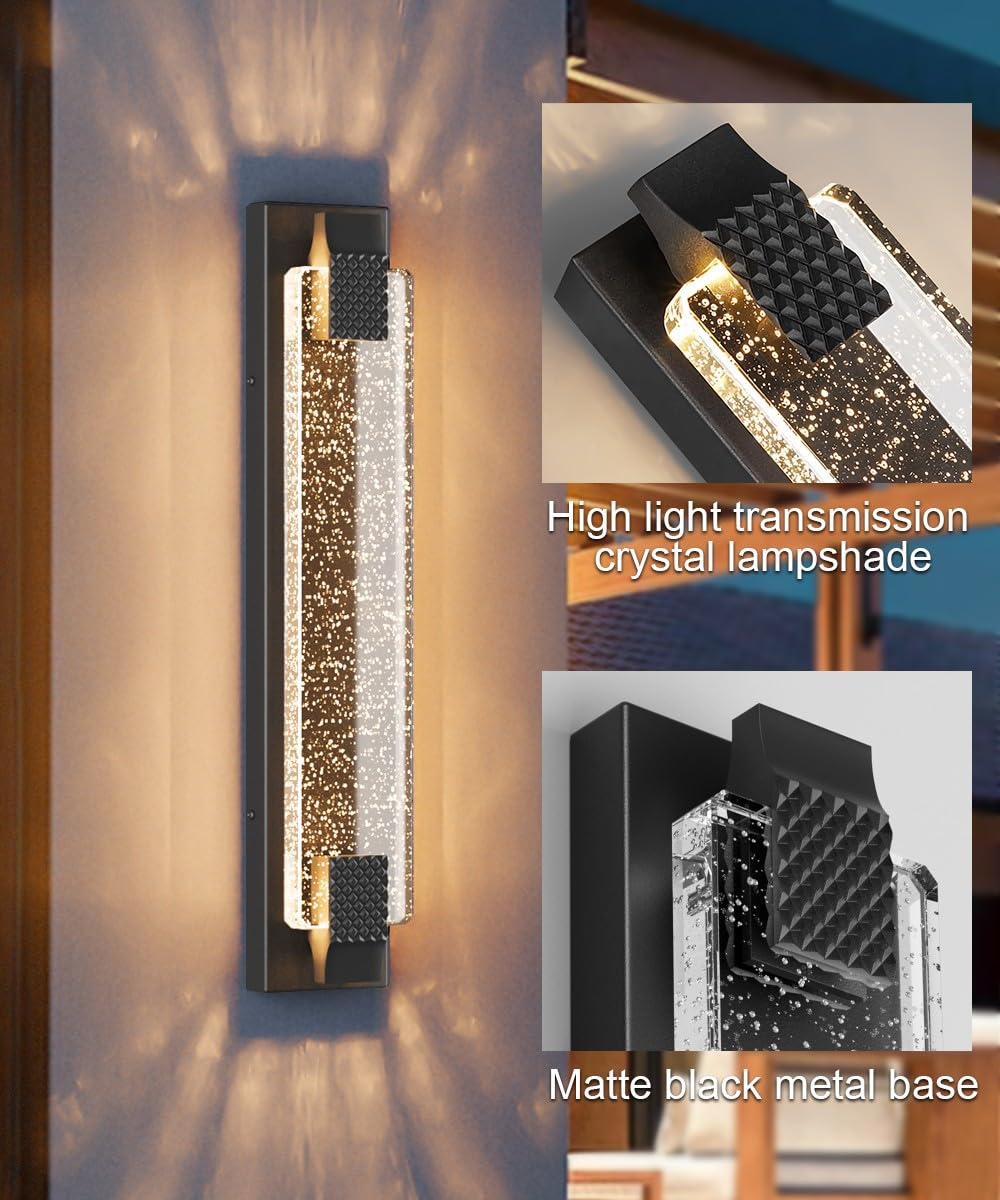 23.6in Black Outdoor Wall Sconces Modern LED Crystal Exterior Lights (Black / 23.6 inch)