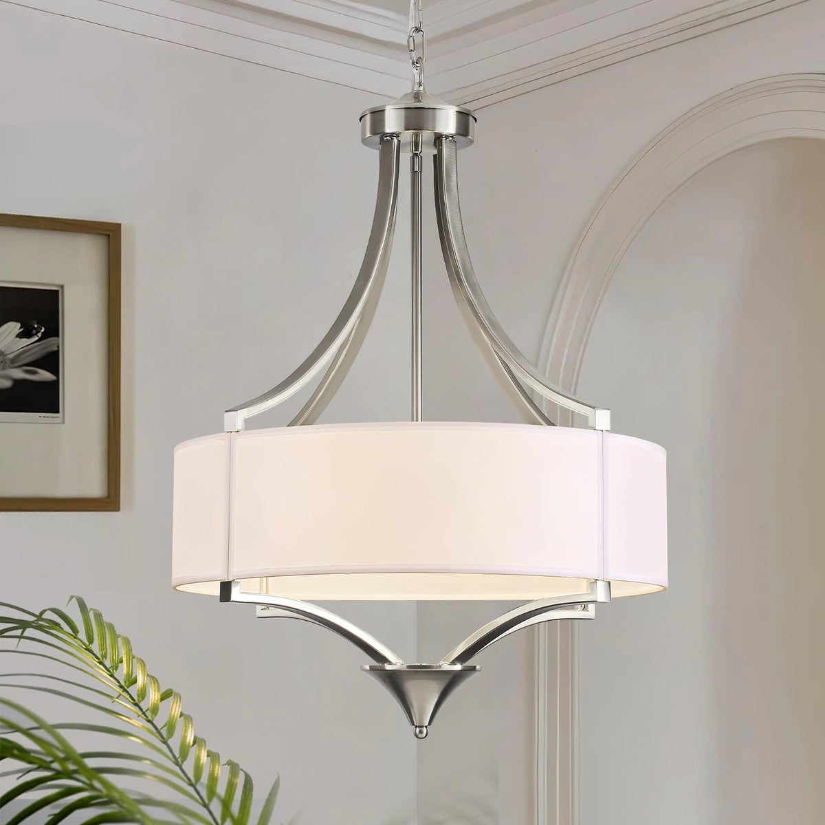6 Light Brushed Nickel Chandelier 19.7" Modern Drum Chandeliers for Dining Room Light Fixture with White Fabric Shade Large Pendant Lighting for Kitchen Island Living Room Bedroom Foyer Over Table (6-Light Brushed Nickel and White)