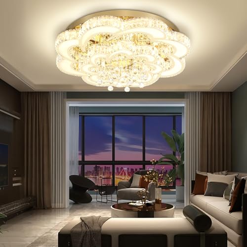 Dia 32'' Modern Crystal Chandelier Flush Mount Crystal Ceiling Light Fixture Dimmable LED Ceiling Chandelier for Living Room Dinning Room Bedroom (Gold / Dia 32")