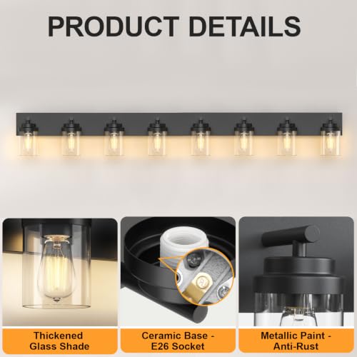Bathroom Vanity Light Fixture (Black-Clear Glass Shade / 56 inch-8-Light)