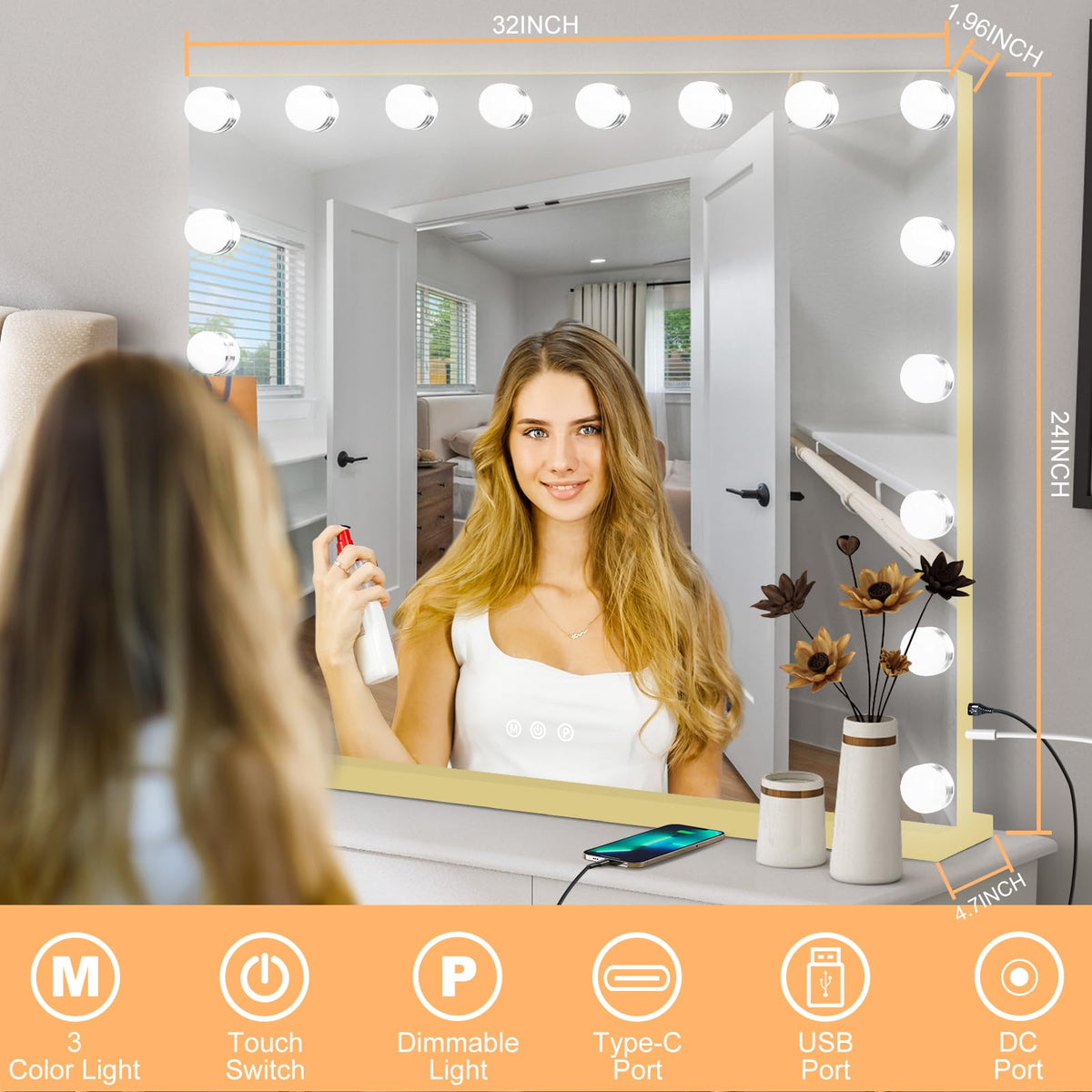 Vanity Mirror with Lights (Gold / 32"L x 24"W)