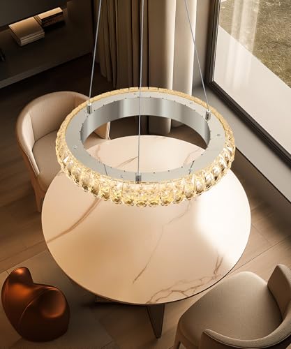16" Ring Modern LED Dimmable Crystal Chandelier Adjustable Height Pendant Light Round Crystal Chandelier Light Fixtures for Dining Room Living Room Kitchen Island Silver (Silver / 1 Ring Round 16")