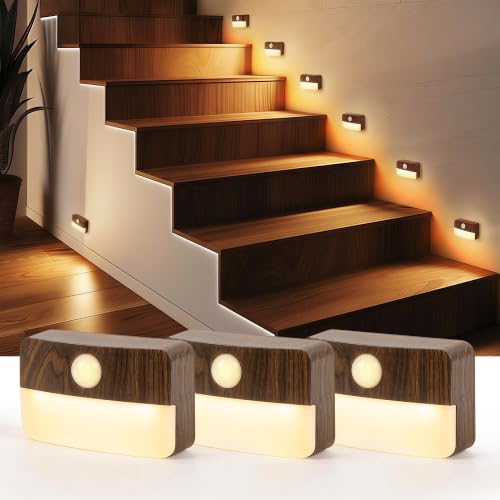 3 Pack Motion Sensor Stair Light for Indoor (Wood Grain - Battery Powered / 3 Pack)