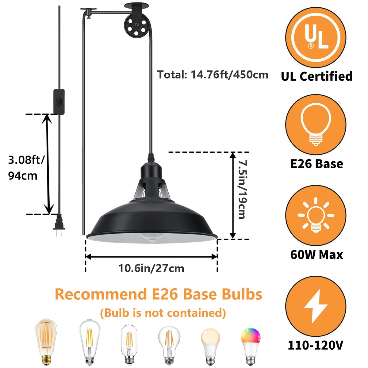 Plug in Pendant Light (Black / 2 Pack)