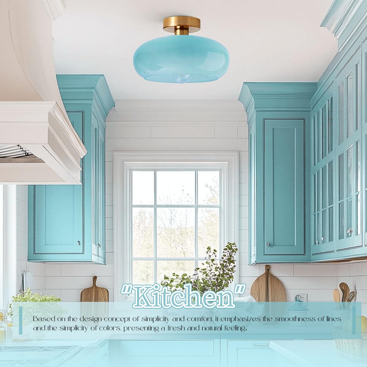 Blue Close to Ceiling Light Fixtures Vintage Flush Mount Ceiling Lights 11" Round Dome Thickened Glass Shade Gold Mid Century Semi Flush Mount Light Hallway Entrance Lighting Fixture (Flush-Blue)
