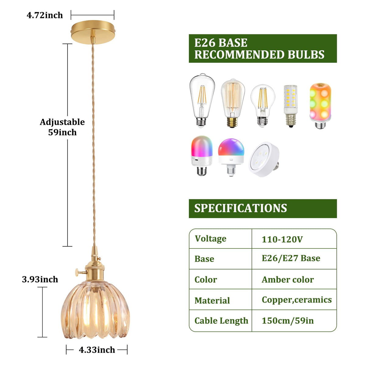 Pendant Light 2 Pack with Amber Tulip Glass Lmapshade (Tulip Amber)