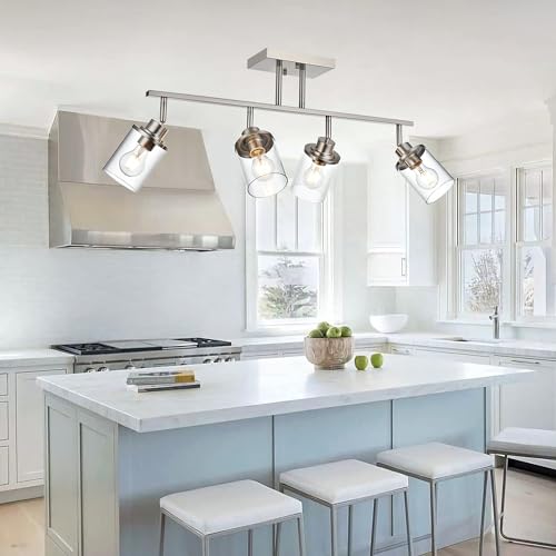4 Lights Directional Ceiling Light Fixtures with Flexibly Rotatable Light Head Brushed Nickel Bathroom Lights Modern Complete Track Lighting Kits with Clear Glass Shade (Brushed Nickel / 4-Light)