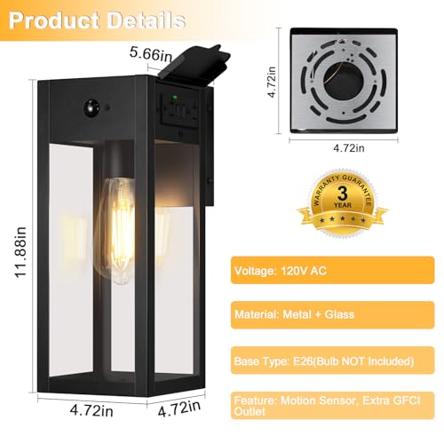 Porch Lights with GFCI Outlet (Black / 11.88" (2-Pack))