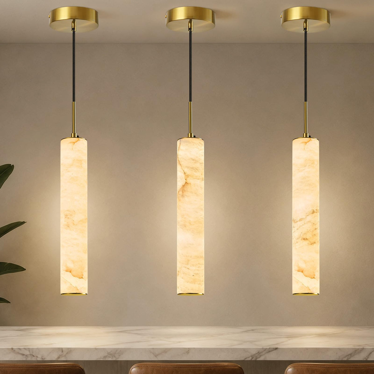 Gold Alabaster Kitchen Island Pendant Lights (Gold-WarmLight / 13.9in-3Pack)