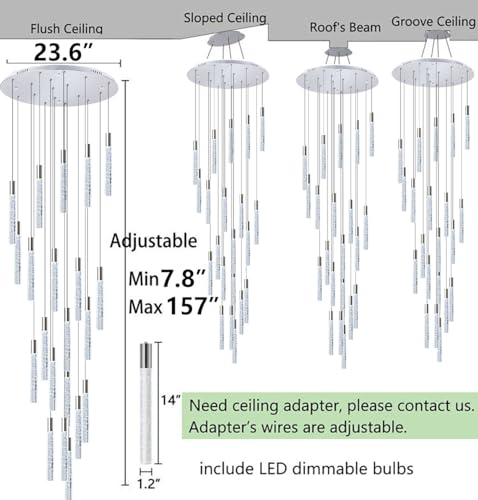 W24 x H157 Glam Chandelier Bubble Crystal Ceiling Chandeliers Remote Dimmable LED Light High Ceiling Pendants Light Fixtures Adjustable Long Lights 24 (20 lights / Silver)