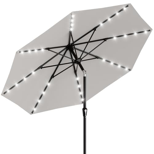 9FT Patio Umbrella with Solar Lights (Light Gray / 9 FT)