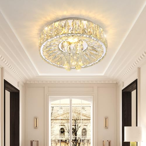Mini Chandelier Modern Crystal Chandeliers for Hallway Light Fixture LED Flush Mount Ceiling Light Dimmable Lamp for Dining Room Living Room Bedroom (Silver / 11.8" Width)