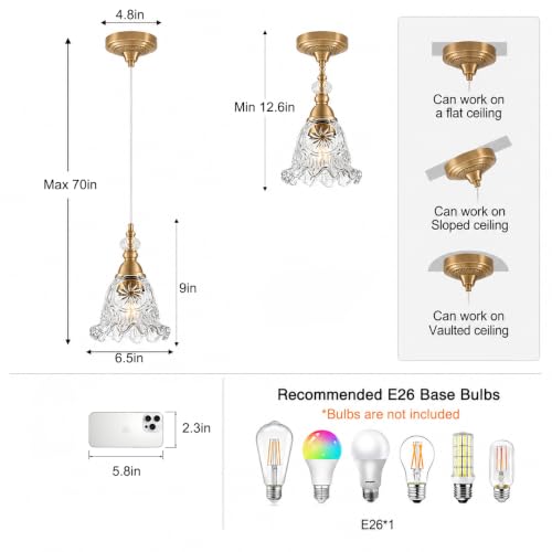 Vintage Pendant Lights Set of 2 Glass Kitchen Pendant Lighting over Island (Gold B)