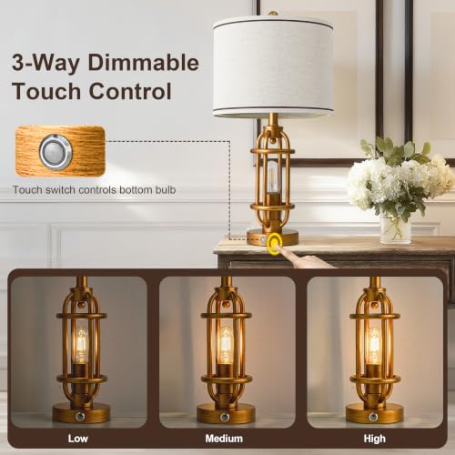 23.75'' Table Lamps Set of 2 for Living Room Bedroom Industrial Farmhouse Metal Touch Lamps with USB A+C Ports (23.75'' Antique Gold - Set of 2)
