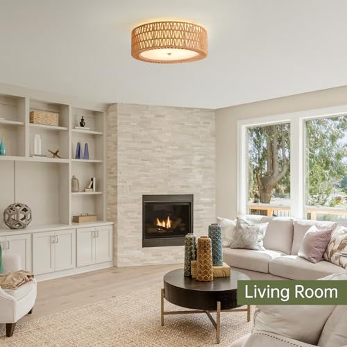 17.7" Rattan Ceiling Light Large Flush Mount Ceiling Light Brown (Brown / 17.7")