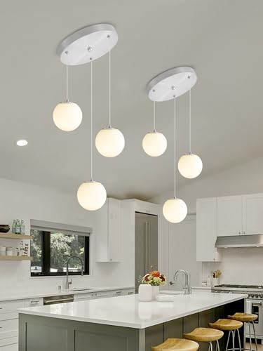 3 Light Globe Pendant Light for Kitchen Island Silver Pendant Light Fixtures with White Glass Globe Hanging Lights for Bedroom (Silver-White / Globe 3-Light)