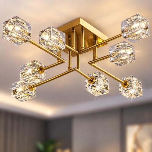 8 Light Gold Crystal Semi Flush Mount Sputnik Ceiling Light Fixture (Gold (8-light))