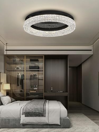40'' Crystal Chandelier Light Fixture Large Chandelier for Living Room Crystal Flat Mounted Ceiling Lights Dining Room Bedroom Dimmable 2700 (Black / Dia 40inch)