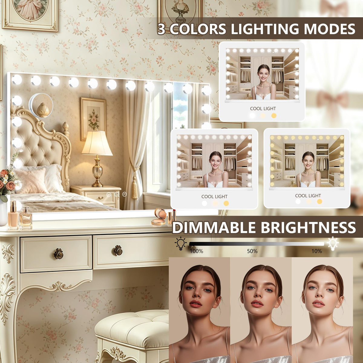 Hollywood Vanity Mirror with Lights (White / 44"L x 30"W)