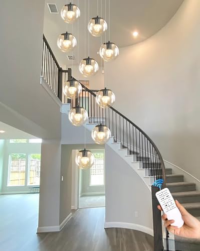 10 Light LED Staircase Modern Glass Globe Pendant Light Large Chandeliers for High Ceilings (Black-Clear / Globe 10-Light)