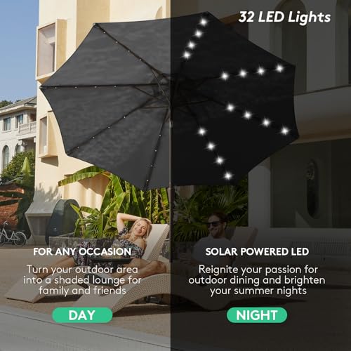 9' Patio Umbrella with Solar Lights (9 ft / Dark Gray)
