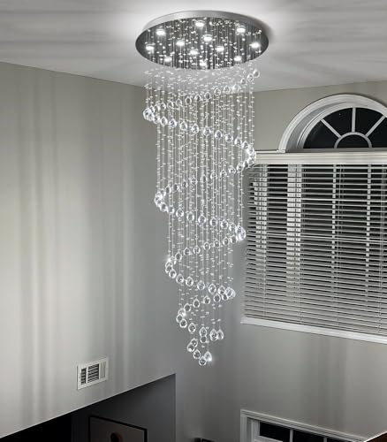 LED High Ceiling Chandelier Crystal Chandeliers Light Fixtures with Dimmable Light Bulbs Gold Living Room Foyer Chandelier Modern Pendants Lights for Entryway Staircase Silver (Silver / Spiral W32" X H78")