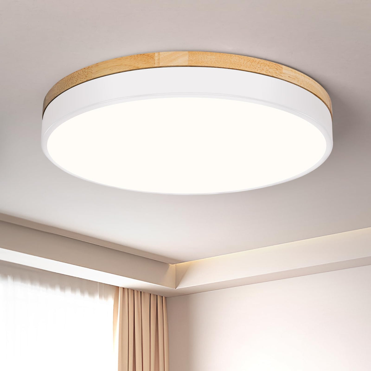 Modern Wood White Flush Mount Ceiling Light 15.75 Inch (White- Non-dimmable / 15.74 Inch)