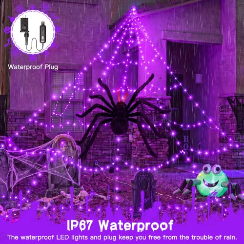 Halloween Sipder Web Lights 266 LED 9.8 FT Tall with Red Eyes Giant Spider (Purple / 9.8FT)