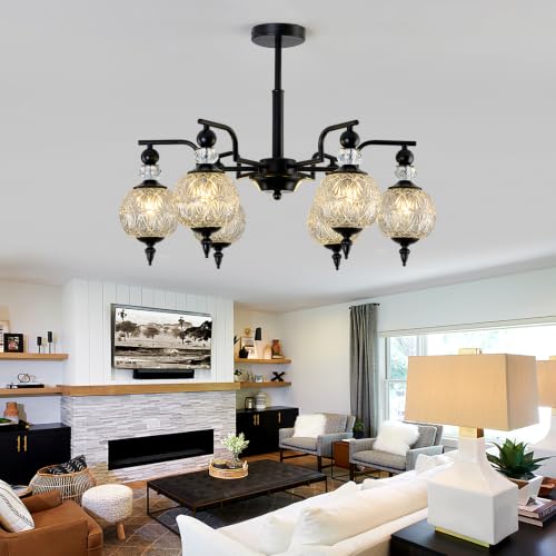 Modern Black Sputnik Chandelier 6 Lights Crystal Adjustable Hanging Ceiling Light Fixture Large Pendant Lighting with Glass Globe Shade for Dinning Room Living Room Bedroom Kitchen (Black / 6 light)