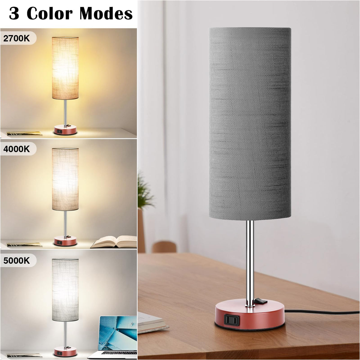 Table Lamp for Bedroom 2 Pack (Gray Fabric Shade Brown Base / 18inch)
