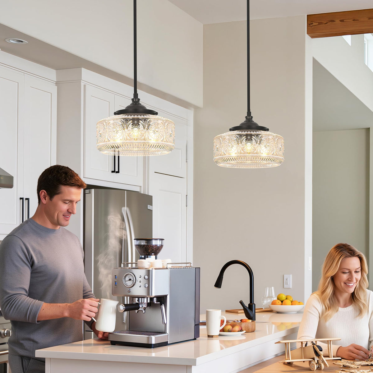 Black 3 Light Pendant Lights Kitchen Island Adjustable Hanging Sink Light (Black+Clear Glass / 11.8in)