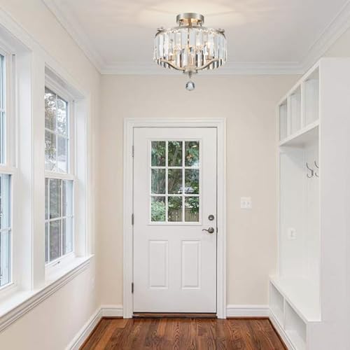 Brushed Nickel Crystal Semi Flush Mount Ceiling Light Fixture Modern Farmhouse Small Chandelier 3 (055-Brushed Nickel)