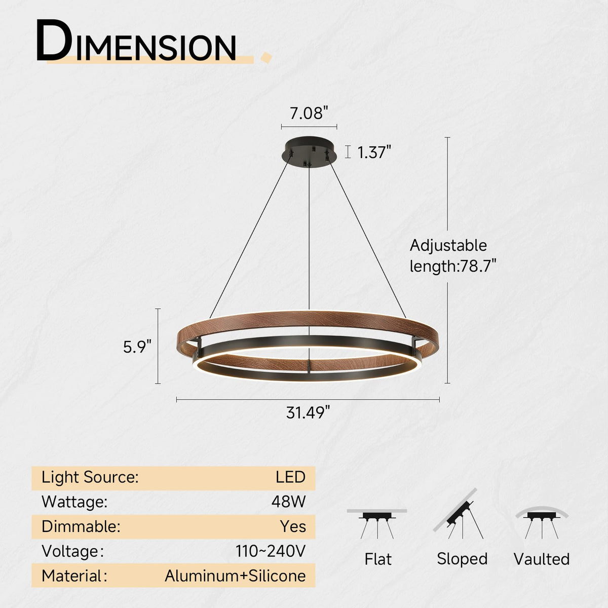 2 Ring Wood Round LED Chandelier (31.5'')