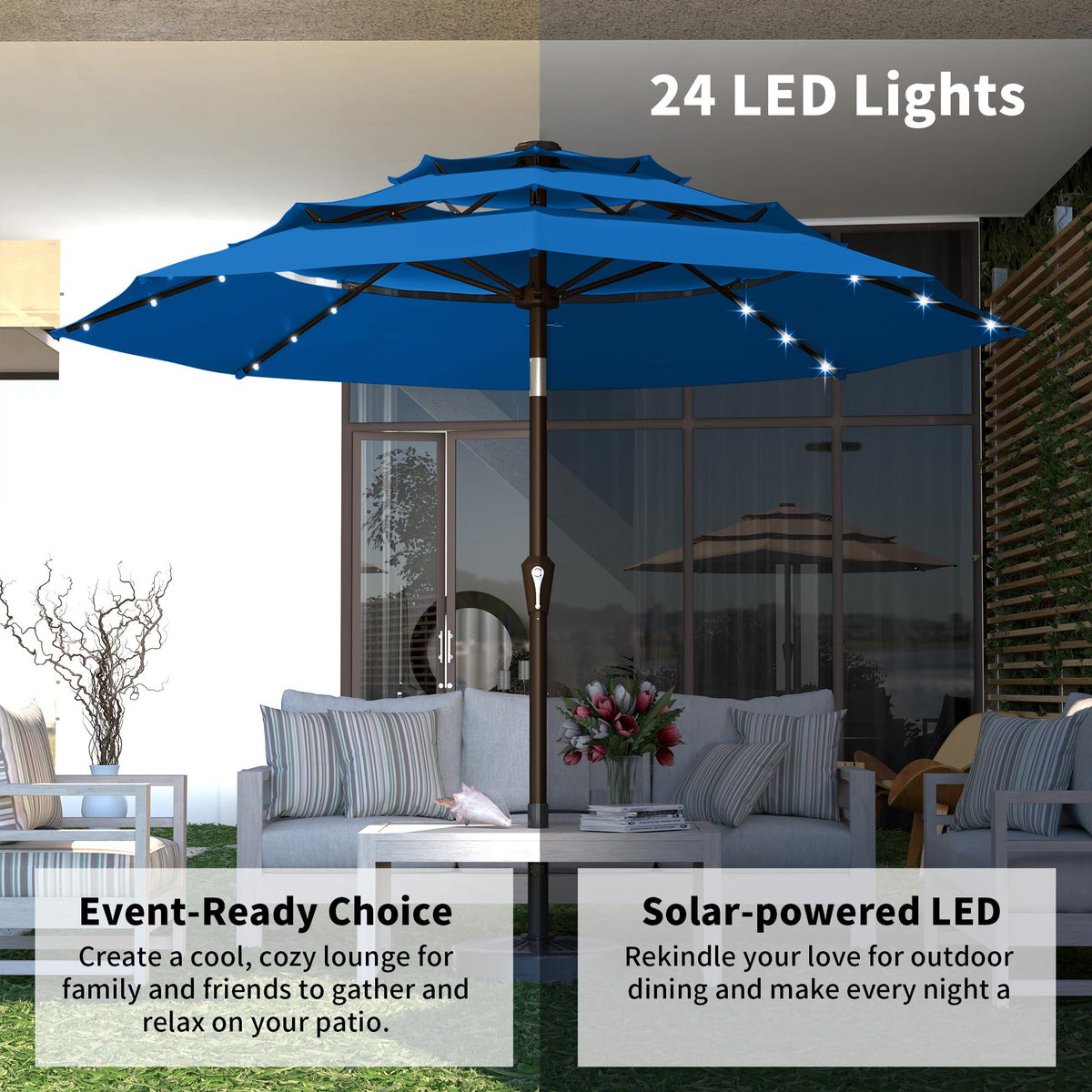 9ft 3 Tier Patio Umbrella with Solar Lights (Royal blue / 9 FT)