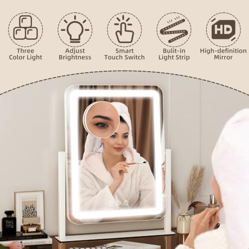 Rounded Corner Makeup Vanity Mirror with Lights (White / 13"L x 17"W)