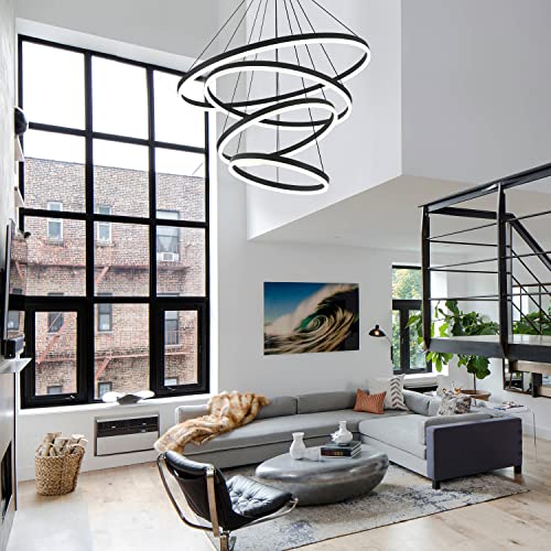 Modern LED Chandeliers High Ceilings (Black / 4-rings/D31.5in)