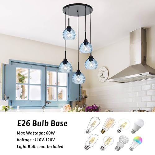 5 Light Cluster Pendant Lighting with Striped Swirl Globe Glass Blue Pendant Light for Kitchen Island (Blue / 5-Light-Round Cluster)