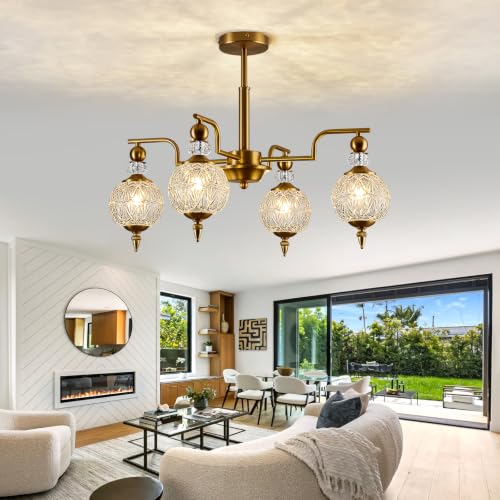 Vintage Gold Sputnik Chandelier 4 Lights Crystal Adjustable Hanging Ceiling Light Fixture Antique Pendant Lighting with Glass Globe Shade for Living Room Dinning Room Bedroom Kitchen (Gold / 4 light)