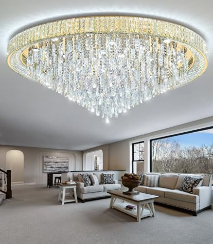 53.7" Modern Crystal Big Large Chandeliers LED Dimmable Flush Mount Ceiling Chandeliers for Living Room High Ceiling Entrance Foyer Lobby Bedroom Gold (Gold / 53.7" Width)