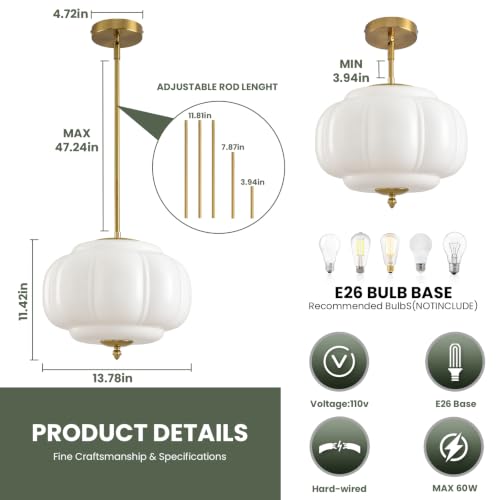 Vintage Milk Glass Pendant Lights (White-1 Pack / 13.7 inch)