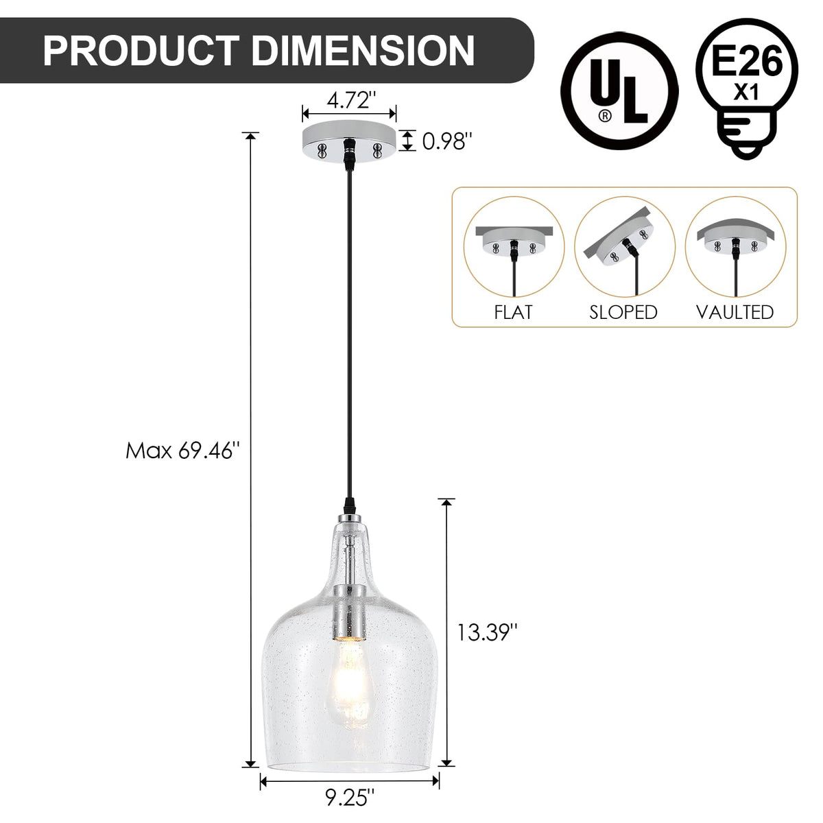 9” Chrome Seeded Glass Pendant Light Modern 1 Light Single Dome Pendent Lighting Fixtures for Kitchen Island Dining Room Hallway (Chrome-Seeded)