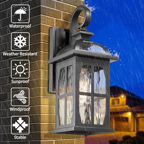Outdoor Wall Light Exterior Light Fixture with Water Ripple Glass (Black-Water Ripple Glass / Medium-2 Pack)