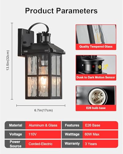 2 Pack Motion Sensor Porch Light Dusk to Dawn Outdoor Wall Light (Black 2)