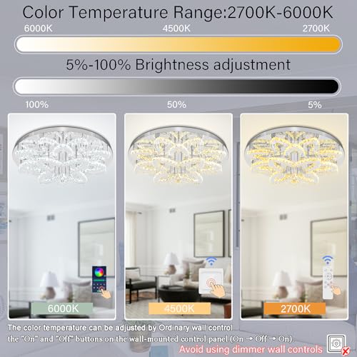 Dia 32" Modern Chandeliers for Living Room Crystal Ceiling Chandelier Round Chandeliers for Dining Room Bedroom Living Room Entryway Silver Flush Mount Crystal Ceiling Light with Remote (Silver / Dia 32")