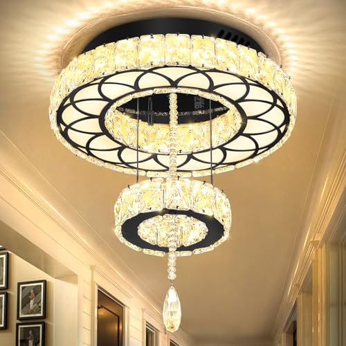 Dia 12" Crystal Mini Chandelier Crystal Black Ceiling Light Fixtures LED Flush Mount Ceiling Light for Living Room Bedrooms Dining Room Dimmable 2700k 4500k 6000k (Black / W:12inches)