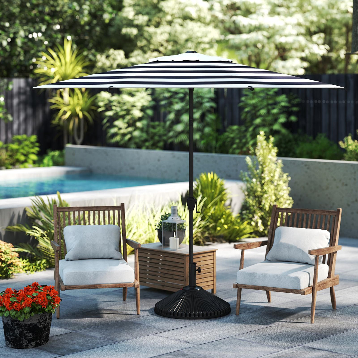 9FT Lyon Outdoor Patio Umbrella Outdoor Table Umbrella with Crank Market Umbrella 8 Sturdy Ribs UV Protection Waterproof and Push Button Tilt for Garden Deck Backyard Pool (9 FT(8 Ribs) / Black & White Stripe)